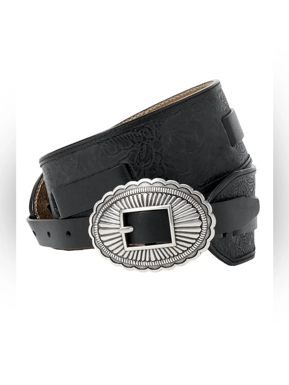 NEW STETSON & THE GREAT. The Tooled Waist Belt in Black with Silver Size M